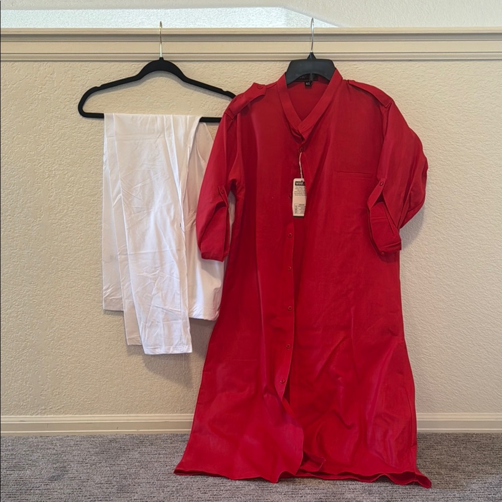 Indian Red Button-Up Kurta with White Pants